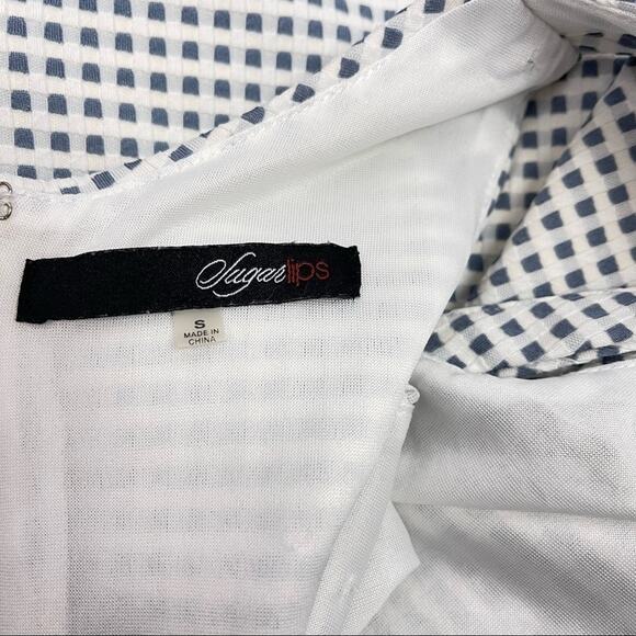 Sleeveless Skater Mini Dress Textured Check Print Blue White Spring Summer Small - Picture 7 of 9